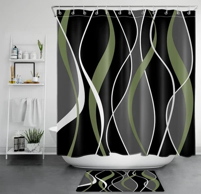 Juego de cortinas de ducha geométricas verdes a rayas blancas y negras para decoración de baño Foto 1 de 4
