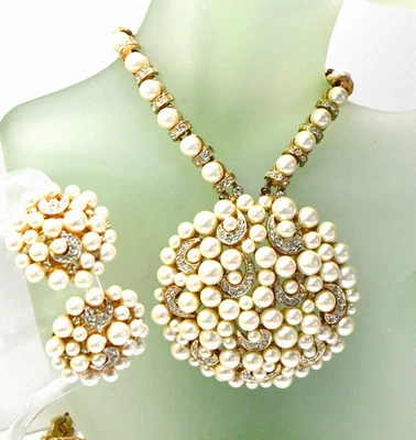 Rare Eisenberg Demi Parure Faux Pearl Necklace & Earrings Bridal Jewelry Set - Image 1 of 4