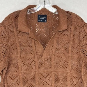 Abercrombie & Fitch Sweater Polo Shirt Mens M Brown Crochet Knit Johnny Collar - Picture 1 of 11