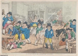 PRINT : A MAD DOG IN A COFFEE HOUSE, C.1800. A MODERN COLOUR REPRINT OF AN ORIGI - Picture 1 of 1