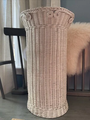 VTG Chippy White Wicker Umbrella Cane Stand Tall Toilet Paper Boho Chic Basket - Image 1 of 4