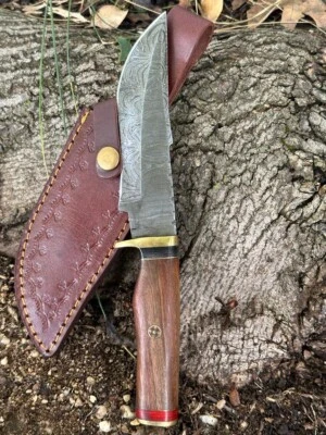 10” DAMASCUS STEEL Tactical Hunting SURVIVAL Fixed Bowie Knife Wood Handle X410 - Image 1 of 4