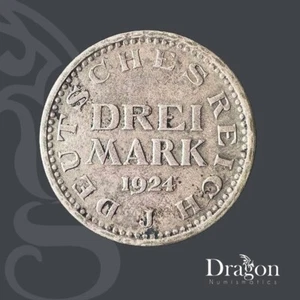 GERMANY / DEUTSCHLAND WEIMAR REPUBLIC 1924 3 Mark J SILVER COIN CIRCULATED🐉 - Picture 1 of 4