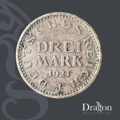 GERMANY / DEUTSCHLAND WEIMAR REPUBLIC 1924 3 Mark J SILVER COIN CIRCULATED🐉 - Image 1 of 4
