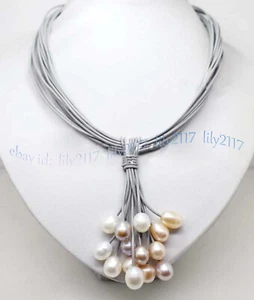 10-12mm Natural Multicolor Freshwater Pearl Pendant Gray Leather Cord Necklace - Picture 1 of 6