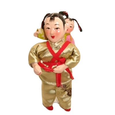 Vintage Chinese Mother & Child on Back Girl Dolls Composition  Brocade Clothes - Image 1 of 4
