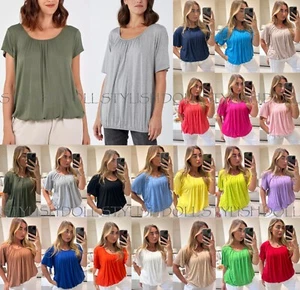 Ladies Short Sleeve Bubble Vest Womens Ruched Elastic Hem Casual Summer Top 8-26 - Picture 1 of 25