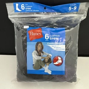 Hanes Women's Cushion Crew Socks - 6 Pack - Shoe Size 5 to 9 - Black - New - Picture 1 of 4