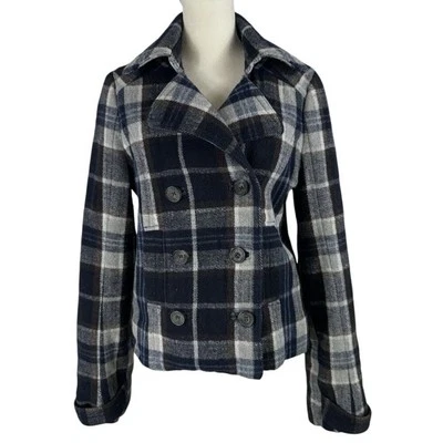 Abrigo de Colección Y2K Abercrombie & Fitch Azul Marino A Cuadros Recortado Guisante Talla Pequeña Foto 1 de 4