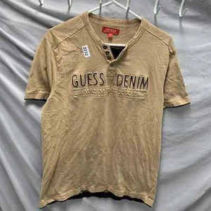 Guess Denim Shirt Adult Large Brown Short Sleeve Embroidered Button Up Men’s - Picture 1 of 13