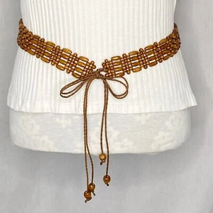 Beaded Belt Peanut Brown Wood Marquise and Round Beads With Faux Leather Ties - Picture 1 of 6