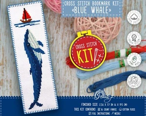 Blue Whale Cross Stitch Bookmark Kit Counted Pattern Ocean Animal Embroidery Kit - Picture 1 of 9