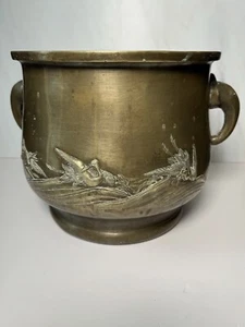 Antique Asian Bronze Pot Cranes Waves Elephant Handles 9x10” Chinese Japanese - Picture 1 of 17