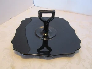 Vintage Glass Art Deco Ebony Platter desert tray Key hole handle 10.25” 1930's - Picture 1 of 6