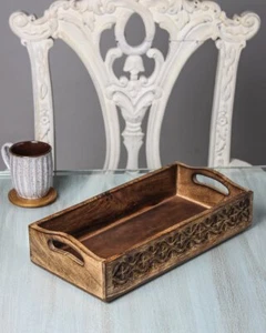 Serving Tray With Rustic Large Wooden Platter For Tea Snack Dessert Handle - Picture 1 of 4