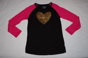 Girls L/S T-Shirt BLACK w/ DARK PINK SLEEVES Raglan SEQUIN HEART Gold XL 14-16 - Picture 1 of 1