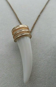 Gold Tone White Horn Tooth Pendant Necklace #M75 - Picture 1 of 5