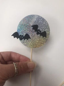 Set Of 6 Halloween Cupcake Toppers Bats & Sparkly / Holographic Moons Handmade - Picture 1 of 7