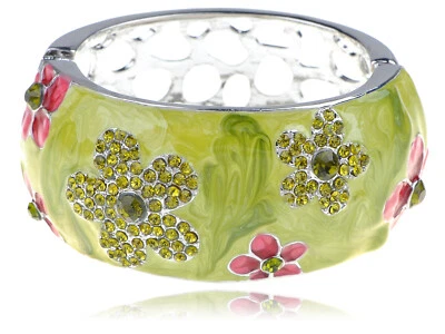 Alimarket Pearlescent Pink Peridot Crystal Rhinestone Stone Flower Bracelet Cuff - Image 1 of 4