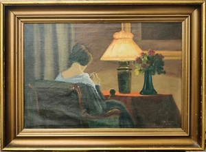 Aage Jessen (1876-1961): YOUNG WOMAN KNITTING IN LAMP LIGHT - Picture 1 of 7
