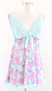 Womens Blue Pink Floral Mesh Lace Babydoll Lingerie Slip Size XL Y2k 2000s - Picture 1 of 8