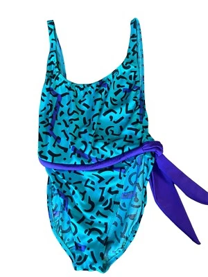Vtg La Blanca Sz 14 Blue Pruple Abstract High Leg One Piece Swimsuit USA Made - Image 1 of 4