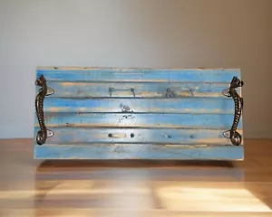 Rustic Upcycled Nautical Wooden Bar Cart Serving Tray w/Cast Iron Handles OOAK! - Picture 1 of 13