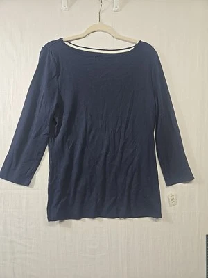 NUEVO CON ETIQUETAS Camiseta Talbots Para Mujer Top Grande Manga 3/4 Azul Marino Algodón Pima Pullover Foto 1 de 4