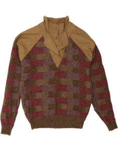 VINTAGE Mens Button Neck Jumper Sweater UK 38 Medium Brown Check Cotton BD10 - Picture 1 of 3