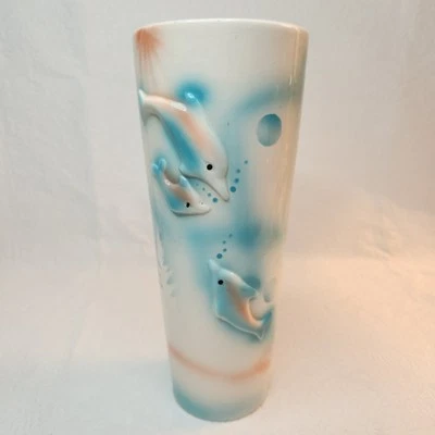 Jarrón de cerámica azul aerógrafo delfín vintage dimensional años 90 playa océano Foto 1 de 4