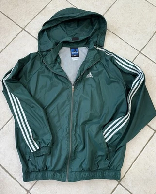 罕见! 阿迪达斯团队风衣夹克绿色白色条纹连帽 XL 复古风格 — 第 1/4 张图片