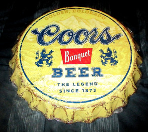 Large Coors Banquet Beer 3-Dimensional Metal Bottle Cap Wall Sign Decor