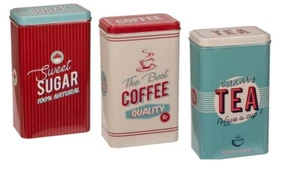 Rectangular Storage Metal Retro Coffee Tea Sugar Tins Set of 3 Vintage Design - Picture 1 of 5
