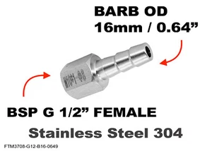 BSP G 1/2" FEMALE to BARB OD 16mm / 0.64" Stainless Tail Adaptor Hose Connector - Picture 1 of 6