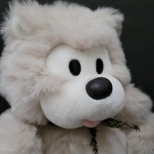 Neuwertiger Vintage 1992 großäugiger 14 Zoll molliger Teddybär in kariertem Schal von T.L. Spielzeug - Bild 1 von 9