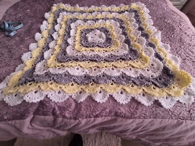 Hand Crocheted Grey Lemon And White  Baby/reborn pram blanket - Image 1 of 2