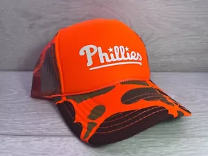 NEW PHILADELPHIA PHILLIES ORANGE CAMO HAT 5 PANEL HIGH CROWN TRUCKER SNAPBACK - Picture 1 of 2