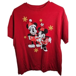 Disney Mickey & Minnie Mouse Christmas T-Shirt Red Unisex Size L Graphic - Picture 1 of 4