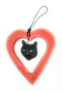 Ceramic Cat Lovers Hanging Ornament Black Cat in Heart Handmade in Peru - Picture 1 of 2
