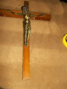 Vintage Crucifix wall hanging Brass with Medium walnut 12 inch #4 - Bild 1 von 4