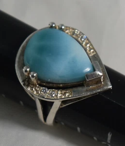 Sterling Silver Larimar Ring Caribbean Blue Teardrop Cabochon SIZE 7 - Picture 1 of 6