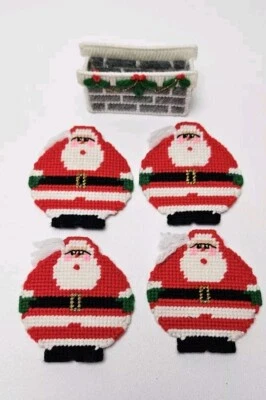 Vintage Handmade Christmas Santa Claus Coaster Set w/ storage plastic canvas  - Image 1 of 4