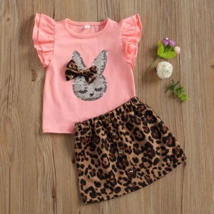 NEW Easter Sequin Bunny Rabbit Girls Leopard Skirt Outfit Set - Picture 1 of 5