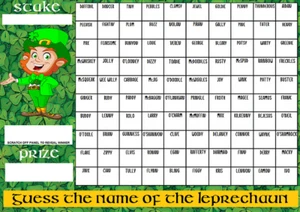 GUESS THE NAME OF LEPRECHAUN SCRATCHCARD GAME A3 NOT TEDDY ST PATRICKS DAY IRISH - Picture 1 of 1
