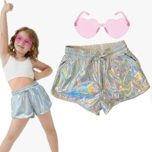 FancyFun Girl's Laser Silver Metallic Shorts & Pink Heart Glasses Size 6 - 7 Y - Picture 1 of 9