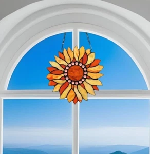 Orange Sunflower Design Stained Glass Window Panel Suncatcher Round 12in - Picture 1 of 6