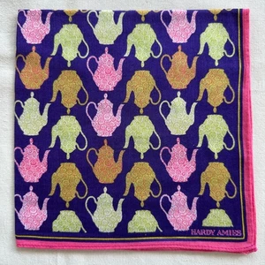 Vintage Handkerchief Blue Cotton Pink Green Teapot & Geometric Pocket Square 17" - Picture 1 of 3
