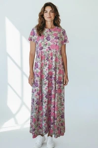 Pierre Cardin bescheidenes langes Baumwollkleid rosa lila Blumen Größe M - Bild 1 von 4