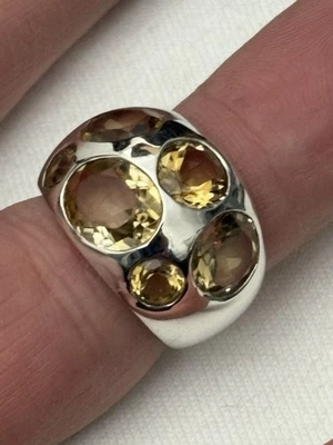 复古 Modernist 925 纯银多黄水晶宝石圆顶戒指 尺寸 7,9.4 克 — 第 1/4 张图片