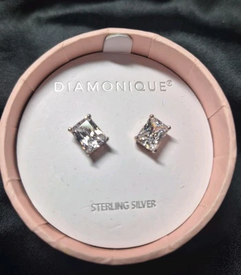 Aretes grandes Diamonique de plata de ley rectangulares revestidos de oro circonita cúbica de 5x7 mm Foto 1 de 2